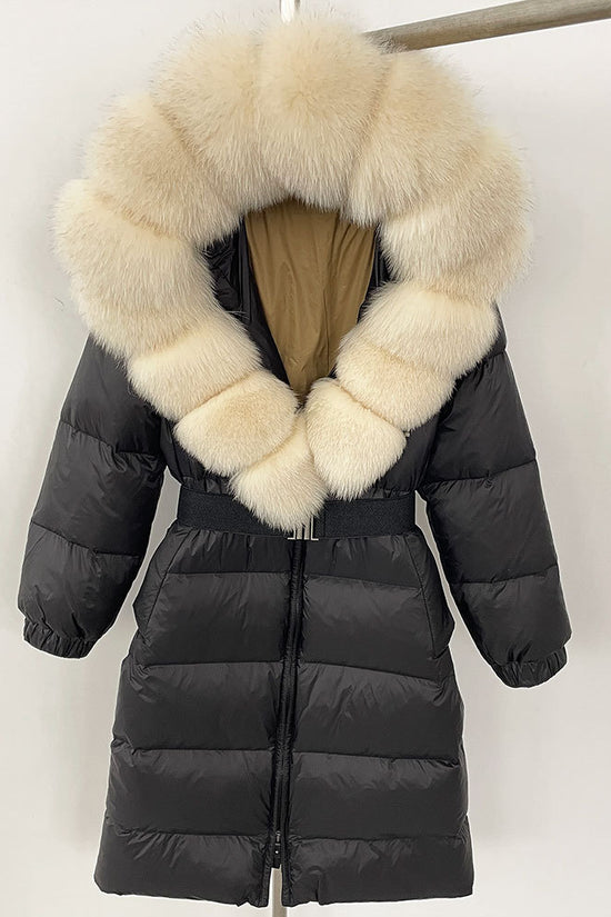 Women's Long Cinched Hoodie Real Fox Fur Collar Coat