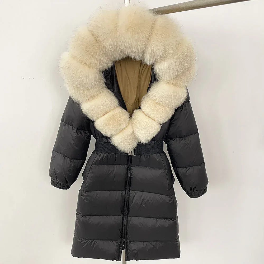 Women's Long Cinched Hoodie Real Fox Fur Collar Coat 2026 - Winter Jacket - DanaFashionstore
