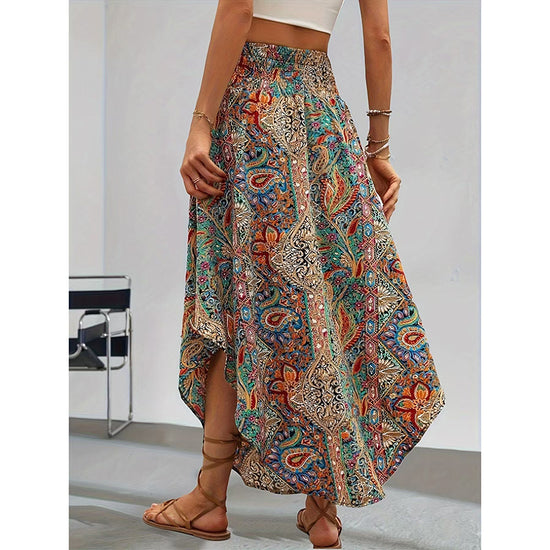 Women's High Elastic Waist Midi Skirt Casual Summer Trendy Tie Front Flowy Floral Print Beach Long Skirt - Dana Fashion