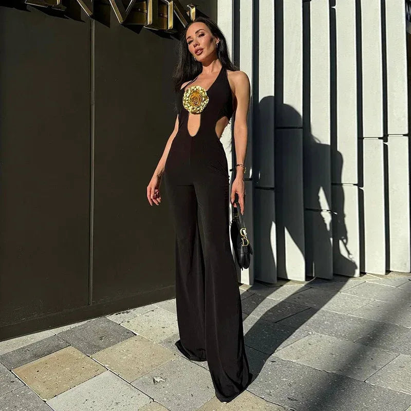 Lace-Up Golden 3D Flower Jumpsuit 2026 - One-Piece Trousers - DanaFashionstore