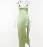V-neck Satin Slit Backless Long Dress