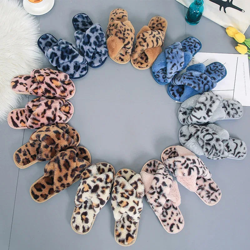 Cross-strap Fuzzy Slippers Leopard Plush House Shoes Flat Bedroom Slippers Slippers For Women - DanaFashionstore