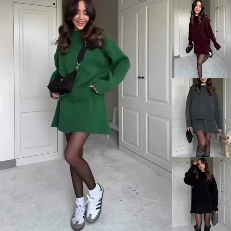 Sweater Skirt Sets For Women 2 Pieces Knit Casual Versatile Long Sleeve Pullover Elegant Solid High Waist Mini Skirt Outfit - DanaFashionstore