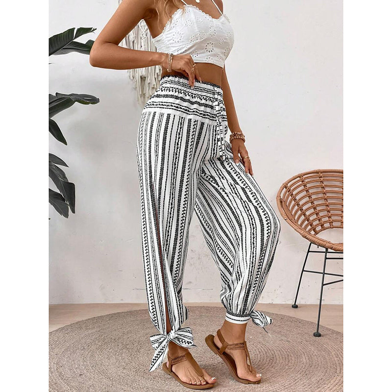 Women's Fashion Striped Long Pants Side-Slit Design Trendy Casual Trousers - Dana Fashion