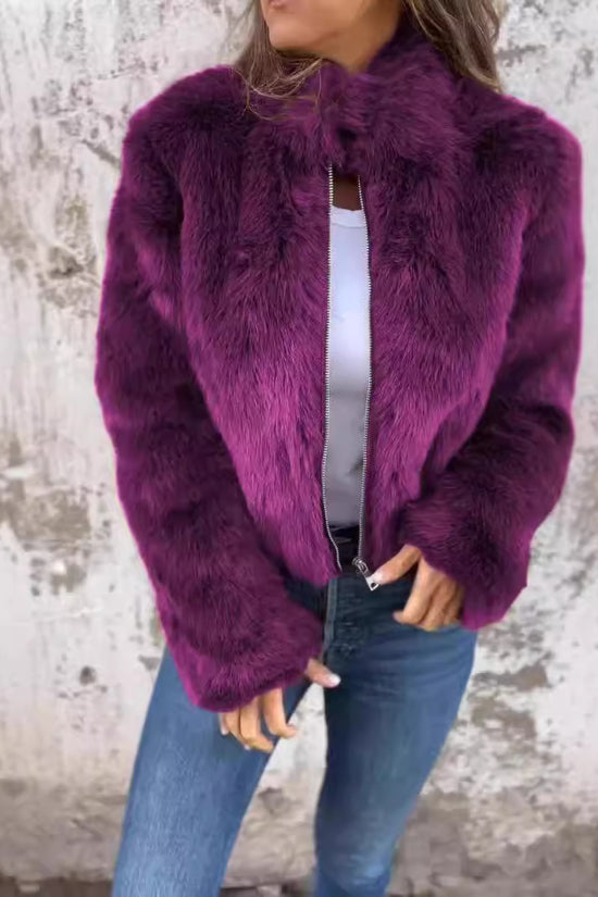 Fashion Stand Collar Plush Jacket Winter Casual Turtleneck Zipper Coat Fleece Tops Women's Clothing