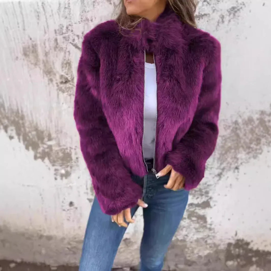 Fashion Stand Collar Plush Jacket Winter Casual Turtleneck Zipper Coat Fleece Tops Women's Clothing - DanaFashionstore