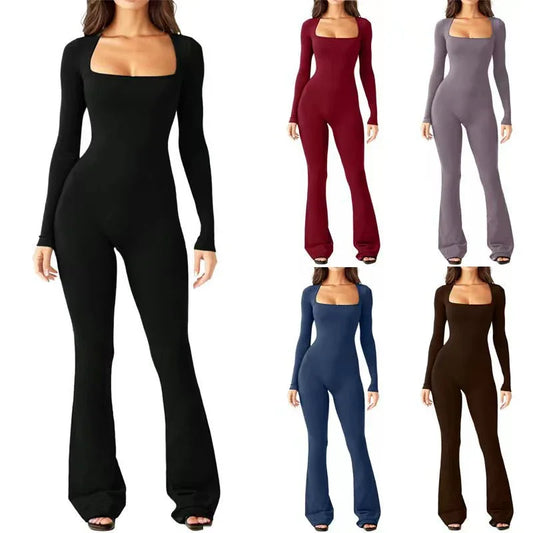 Women Long Sleeve Belly Waist Shaping And Hip Lift Square Collar Wide Leg High Elastic Jumpsuit - DanaFashionstore