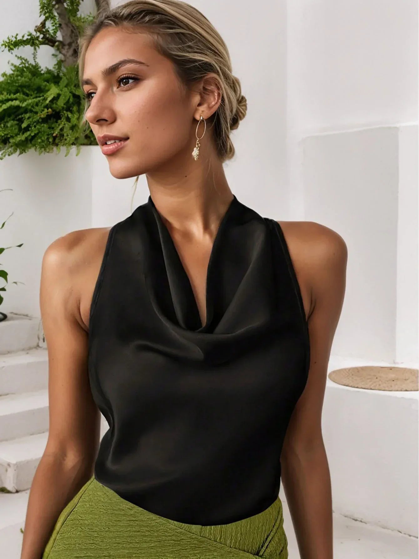 Women Solid Color Swing Collar Sleeveless Vest Trendy Elegant Shirt With Halter Neckline Backless Short Sleeve Tops Tshirts - DanaFashionstore