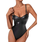 Faux Leather Lace Stitched Backless Sexy Patent Leather Series Neck Underwear - DanaFashionstore