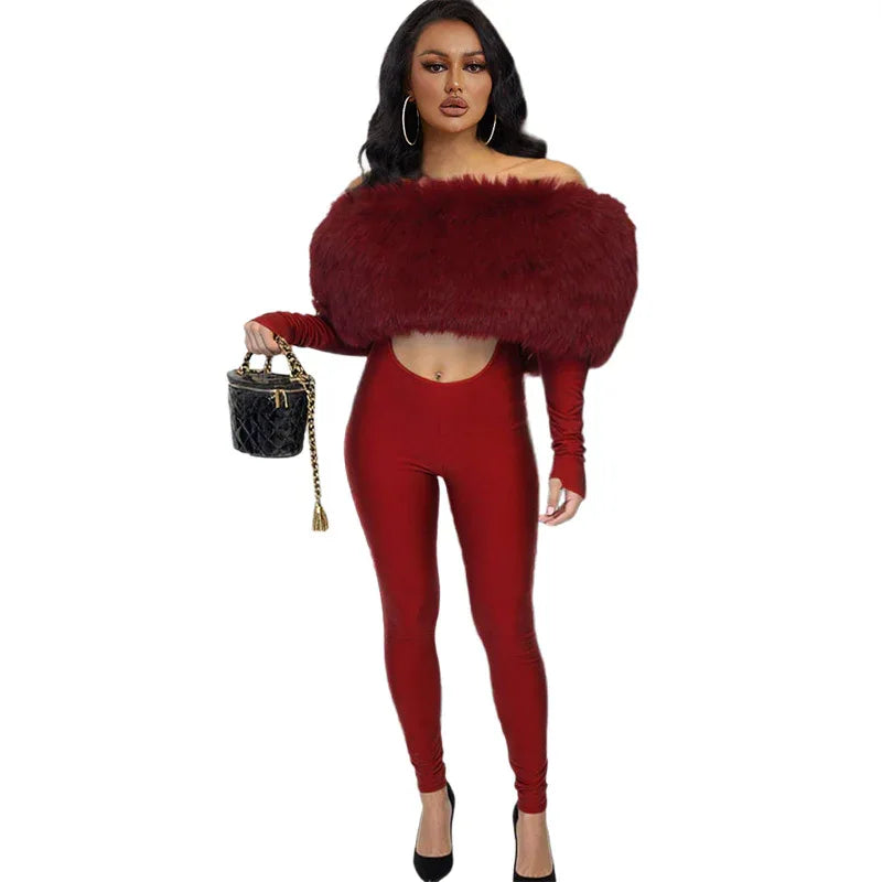 New Women's Off-shoulder Furry Stitching Sexy Midriff-baring Long Sleeve Jumpsuit - DanaFashionstore