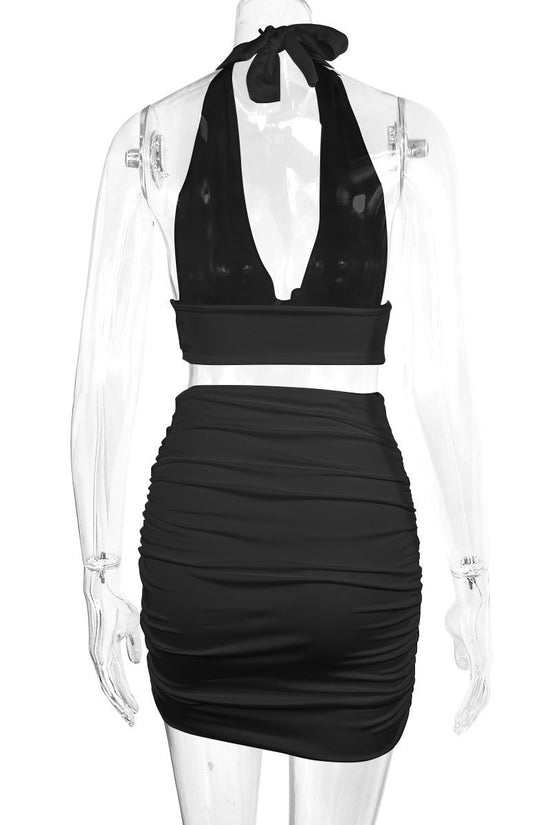 2pcs Dress Suits For Women Halter Lace-up Hip Top And Pleated Hip-covering Skirt