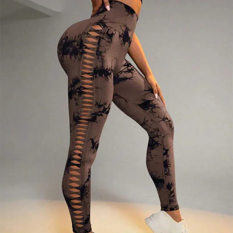 Hollow Tie Dye Printed Yoga Pants High Waist Butt Lift Seamless Sports Gym Fitness Leggings Slim Pants For Women Tight Trousers - DanaFashionstore
