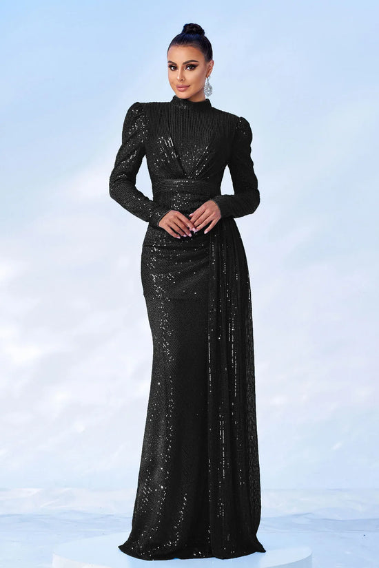 Long Sleeve Round Neck Sexy Slim Long Sequined Banquet Dress - DanaFashionstore
