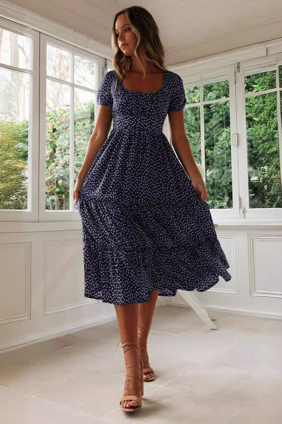 Square Collar Short Sleeve Dress Summer Puff Floral Printed Dress Long Dresses