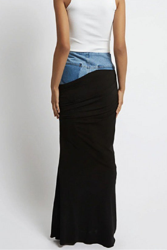Fashion Black Panel Denim Skirt