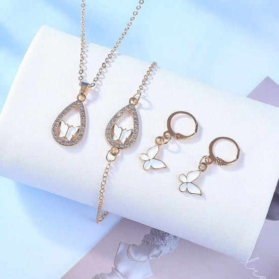 4PCS Set Luxury Women Butterfly Necklace Bracelet Earrings Drop Oil Diamond Jewelry For Girl Gift Jewelry Fashion Jewelry Set $19.00 Dana Fashion Color: White MS3097 Women's Accessories Overview: Unique design, stylish and beautiful. Good material, High q