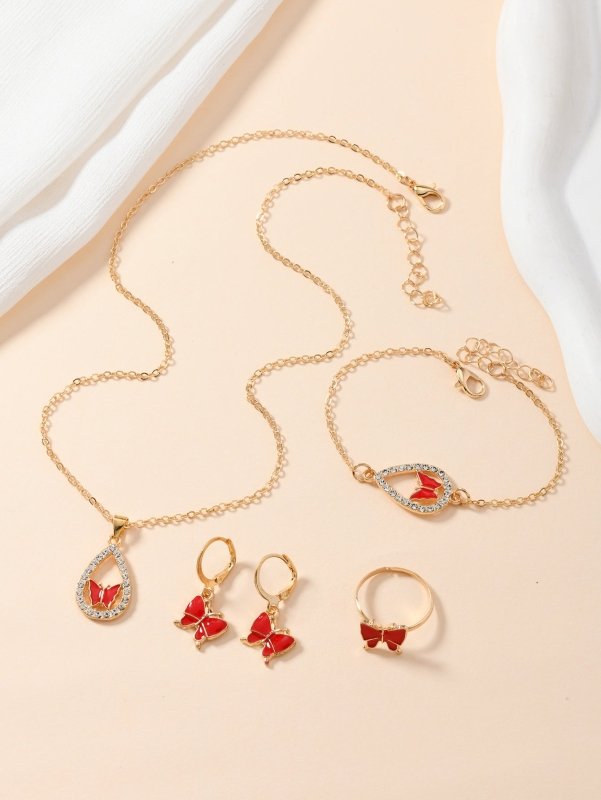 4PCS Set Luxury Women Butterfly Necklace Bracelet Earrings Drop Oil Diamond Jewelry For Girl Gift Jewelry Fashion Jewelry Set $19.00 Dana Fashion Color: Red MS3095 Women's Accessories Overview: Unique design, stylish and beautiful. Good material, High qua