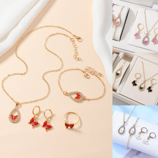 4PCS Set Luxury Women Butterfly Necklace Bracelet Earrings Drop Oil Diamond Jewelry For Girl Gift Jewelry Fashion Jewelry Set $19.00 Dana Fashion Color: Black MS3098 Women's Accessories Overview: Unique design, stylish and beautiful. Good material, High q
