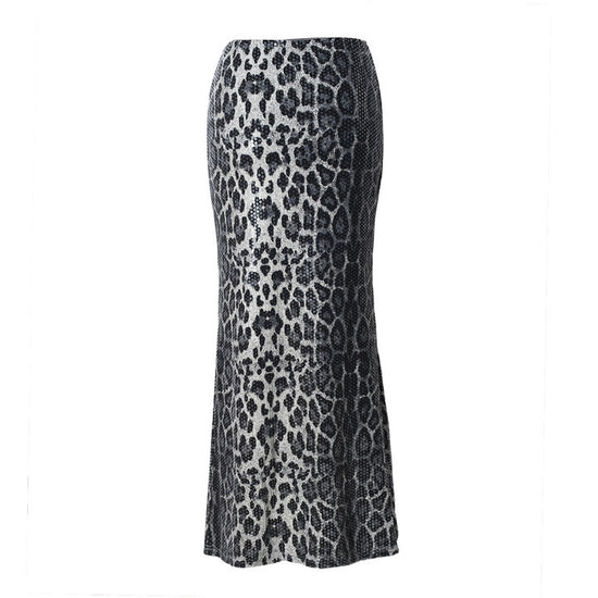 Leopard Print Sequin Stitching Stretch Skirt