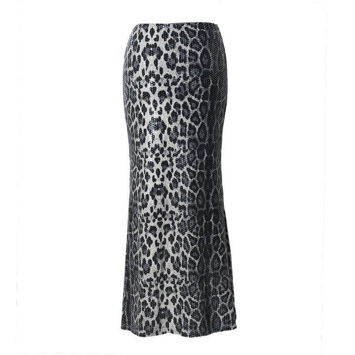 Leopard Print Sequin Stitching Stretch Skirt