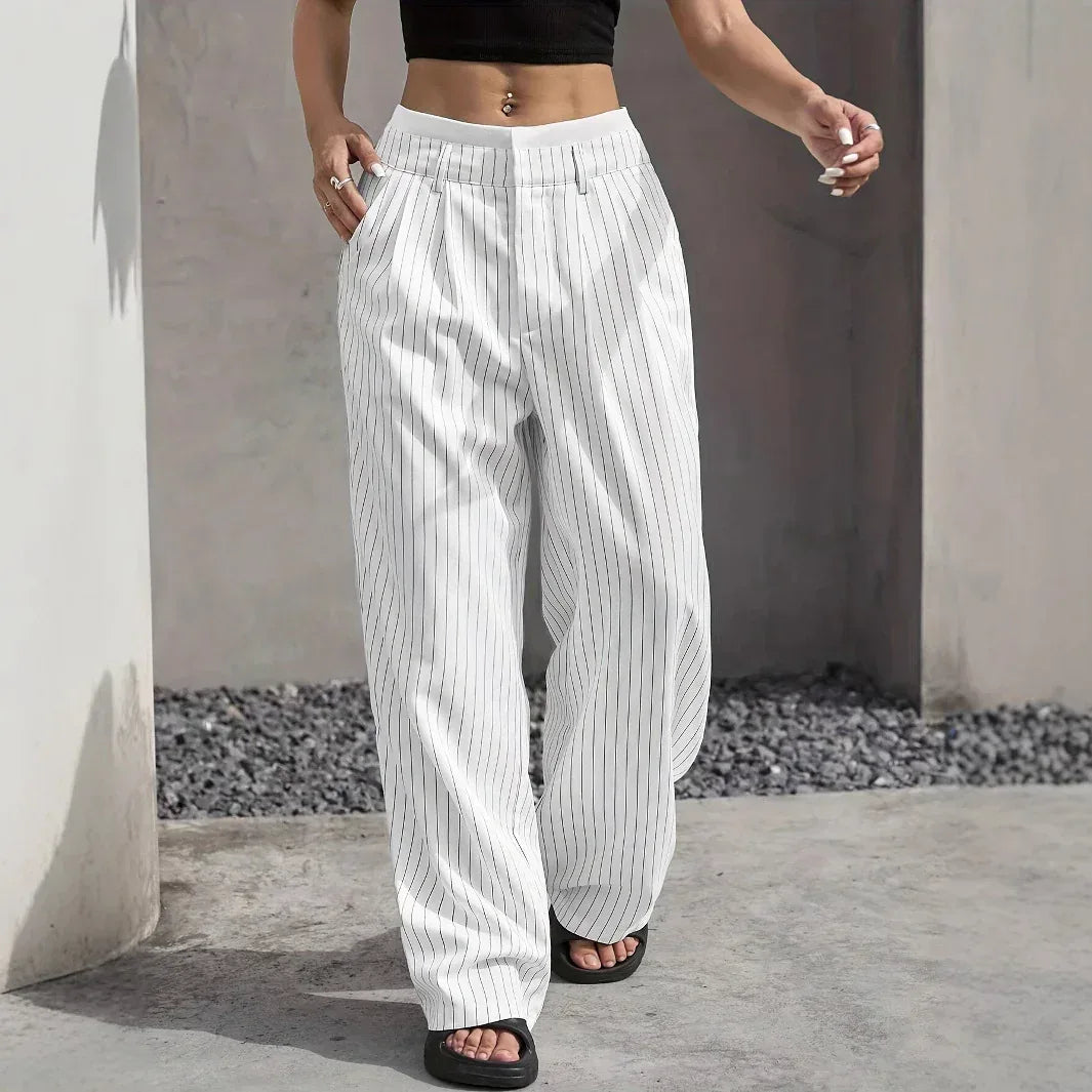 Stripe Printed Trousers Fashion High Waist Straight Leg Pants With Pocket Zipper Casual Suit Pants For Women - DanaFashionstore