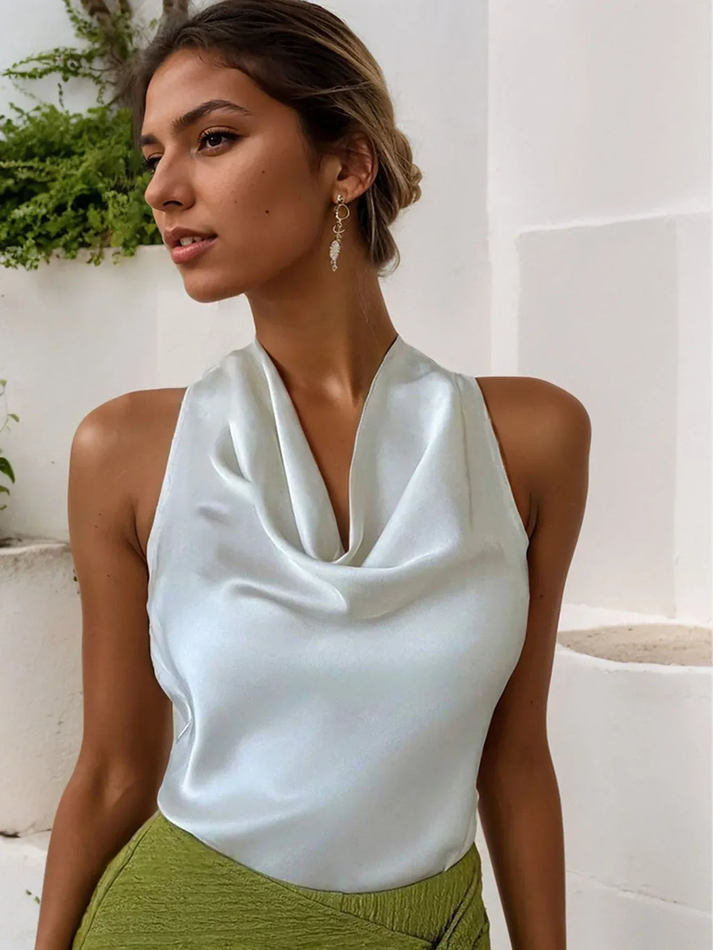Women Solid Color Swing Collar Sleeveless Vest Trendy Elegant Shirt With Halter Neckline Backless Short Sleeve Tops Tshirts - DanaFashionstore