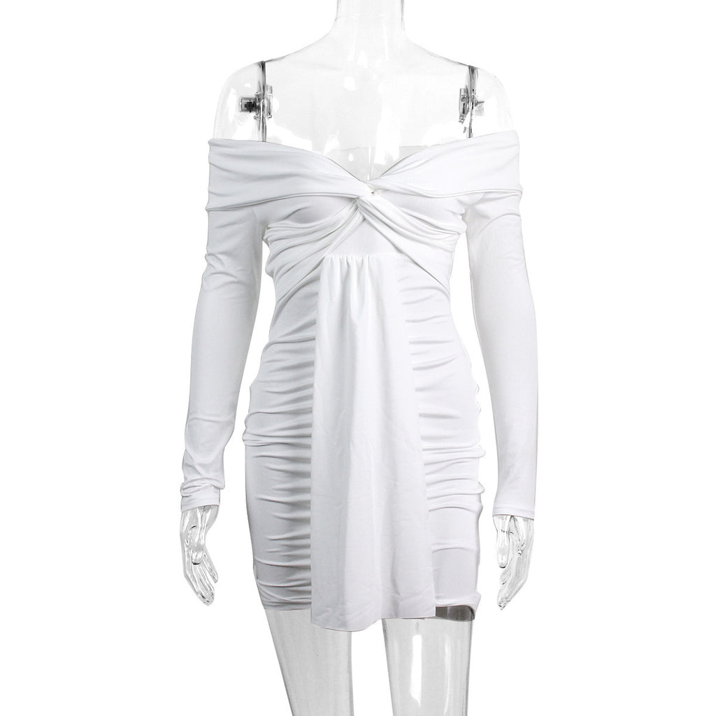 Womens Sexy V-Neck Off-Shoulder Long-Sleeve Pleated Ruffle Dress
