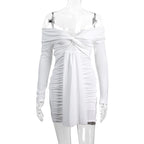 Womens Sexy V-Neck Off-Shoulder Long-Sleeve Pleated Ruffle Dress