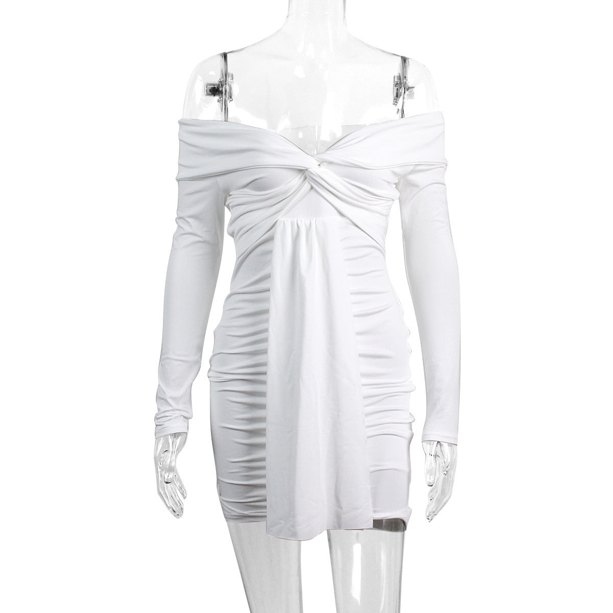Womens Sexy V-Neck Off-Shoulder Long-Sleeve Pleated Ruffle Dress