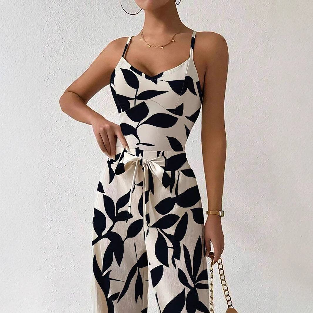 Fashion Floral Print Jumpsuit Elastic Waist Belt Jumpsuit