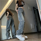 Blue XINGX Embroidered Jeans Women Loose Straight-leg Wide-leg Pants - DanaFashionstore