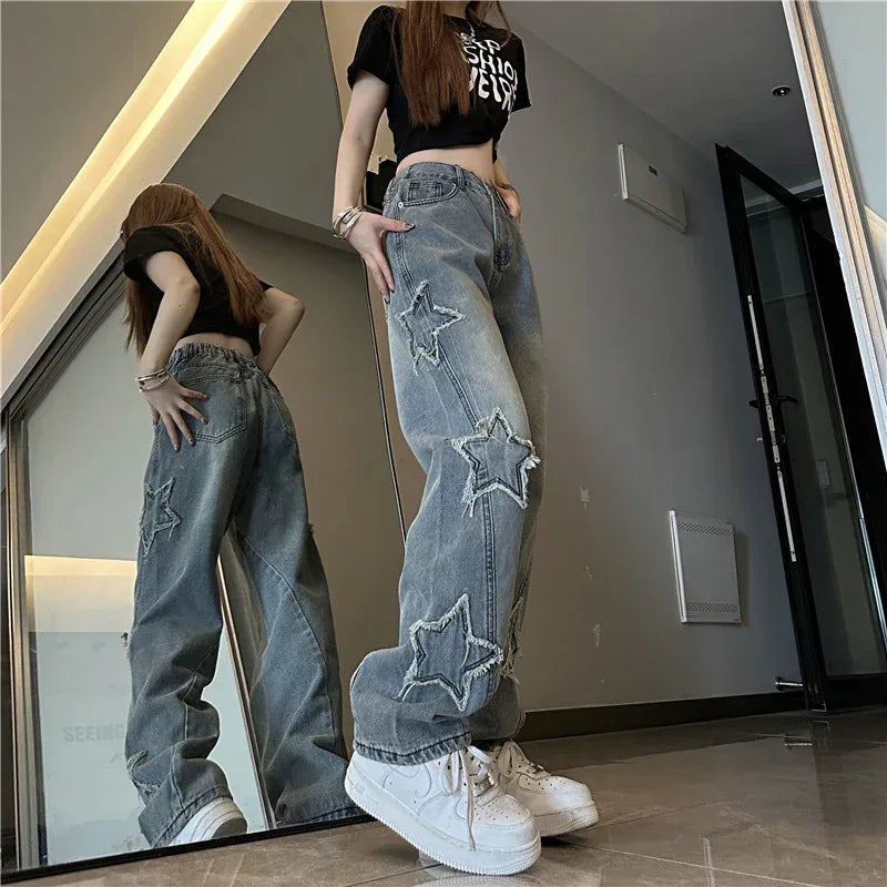 Blue XINGX Embroidered Jeans Women Loose Straight-leg Wide-leg Pants - DanaFashionstore