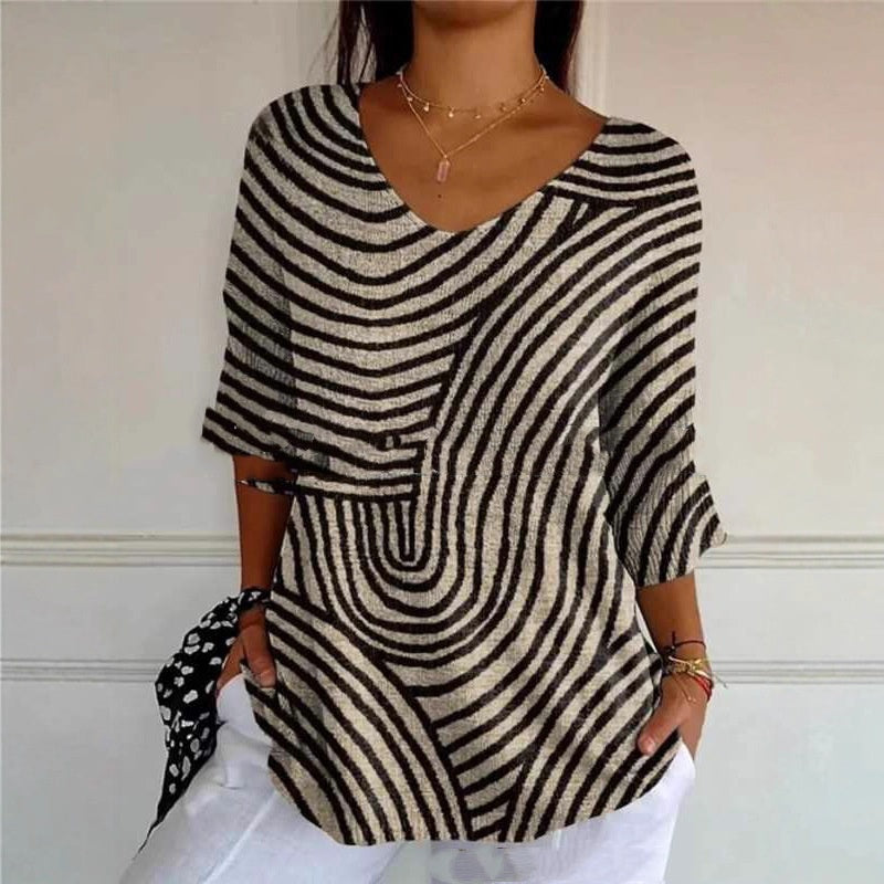 New Fashion Casual V-neck 3D Printed Geometric Pattern Half Sleeve T-shirt Top For Women