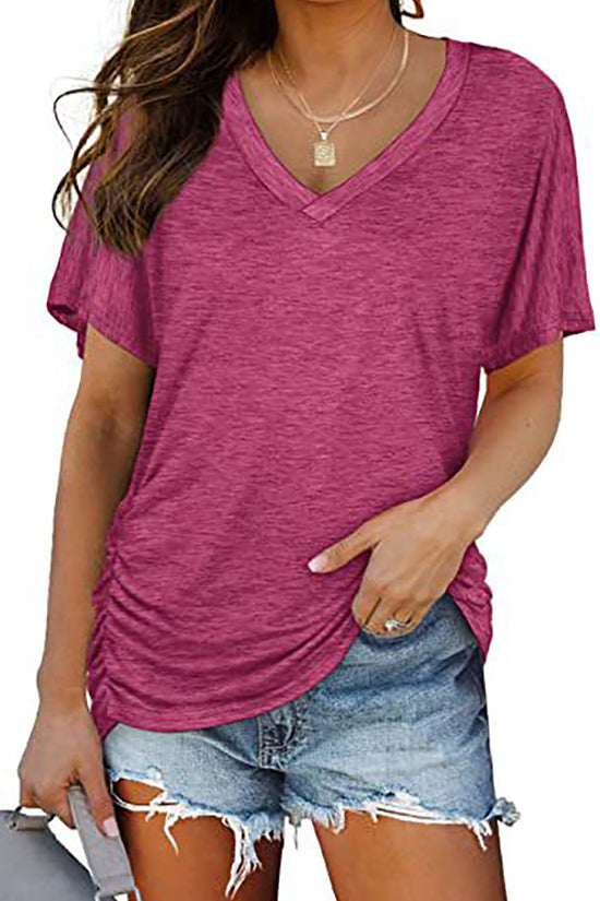 European And American T-shirt Solid Color Casual Loose-fitting V-neck Top