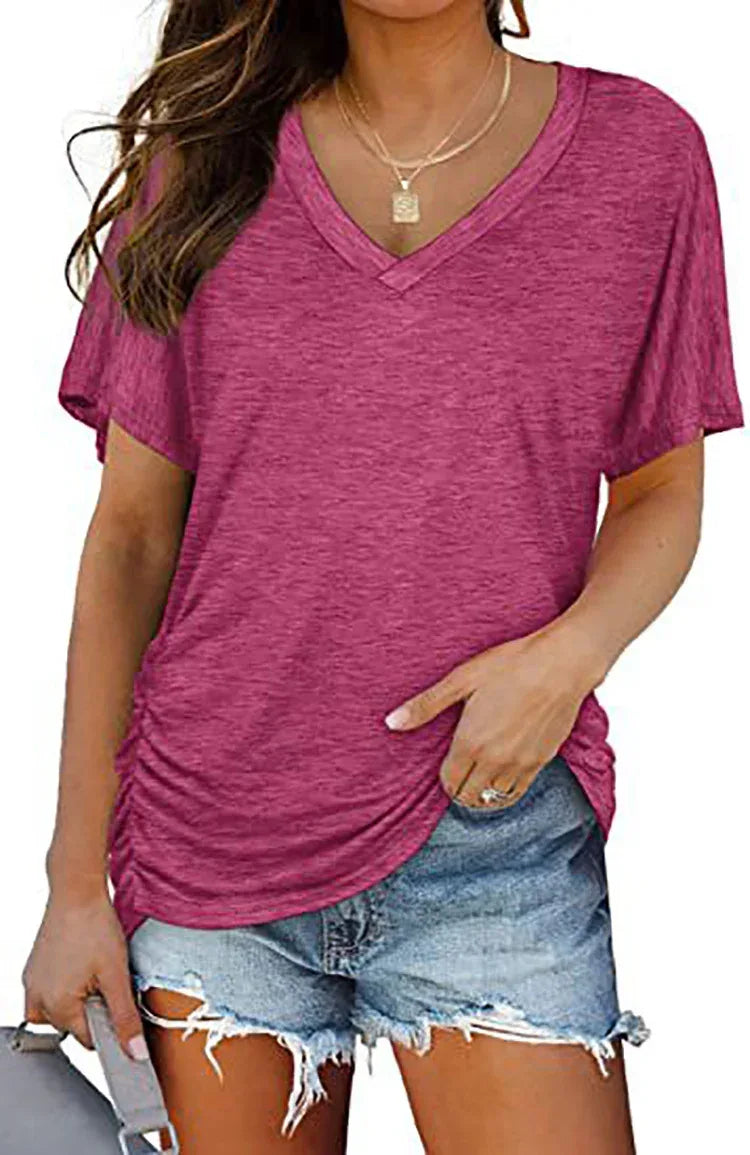European And American T-shirt Solid Color Casual Loose-fitting V-neck Top - DanaFashionstore