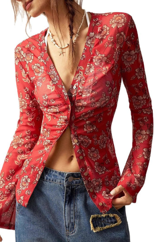 European And American Printed Shirt Women's Slim Fit Slimming Retro Temperament