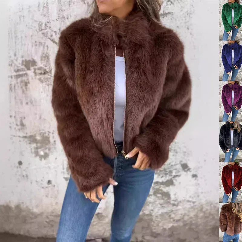 Fashion Stand Collar Plush Jacket Winter Casual Turtleneck Zipper Coat Fleece Tops Women's Clothing - DanaFashionstore