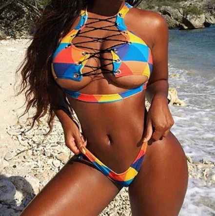 Pineapple Bikini for big boob Women Lace Up Swimwear Thong bikini set two pieces Swimsuit Bathing Suit female - DanaFashionstore