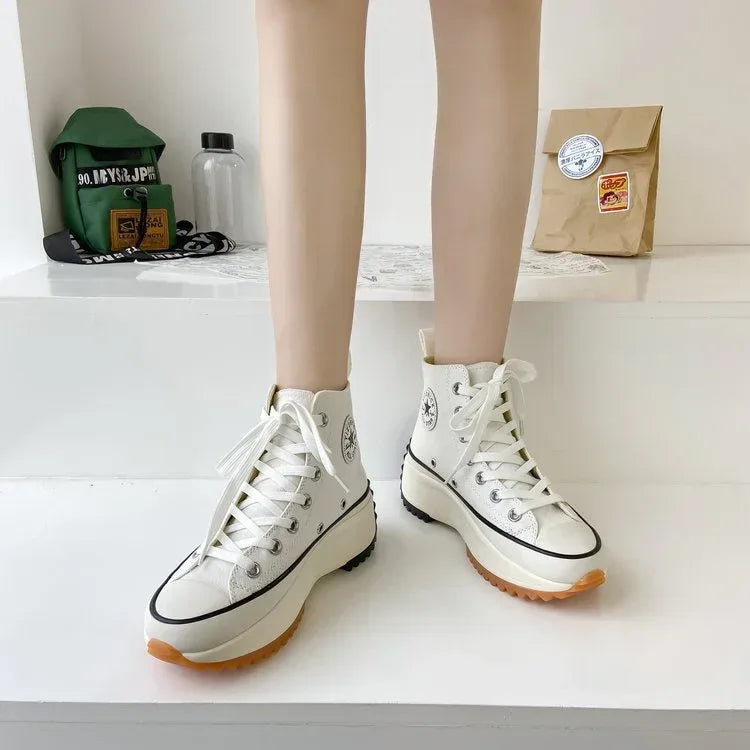 Large Size Women's High-top Canvas Shoes New Korean Style Sports Casual Shoes Versatile Platform Round Toe White Shoes - DanaFashionstore