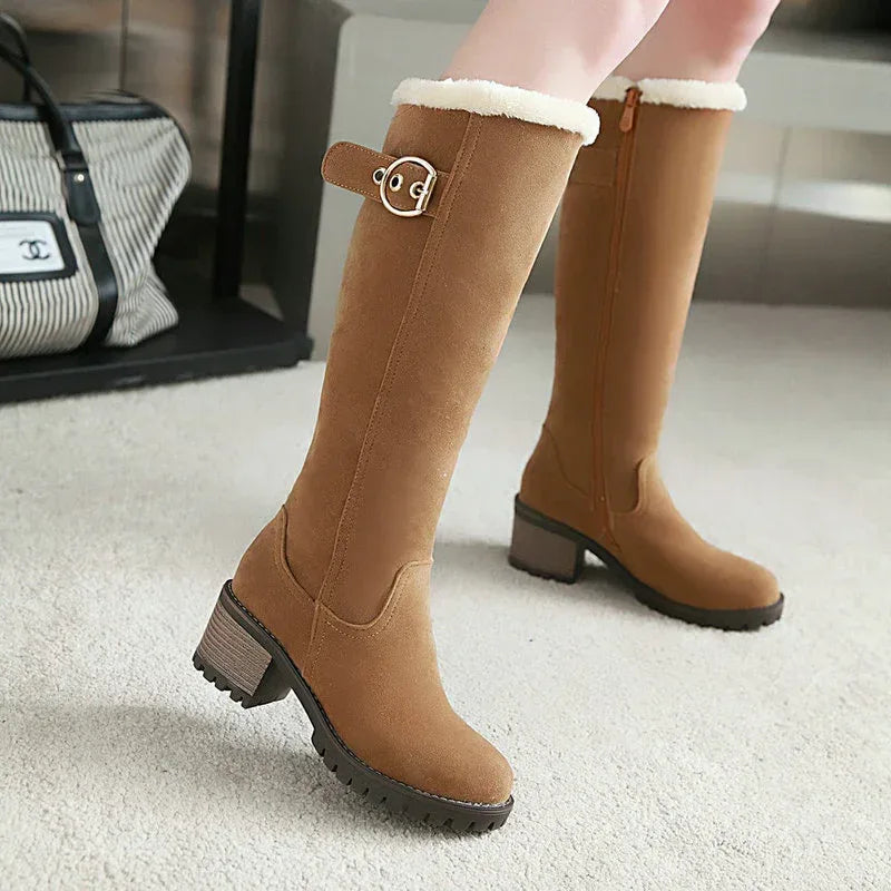 Buckle Embellished Mid-heel Winter Warm Long Boots - DanaFashionstore