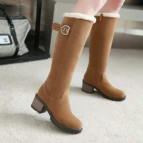 Buckle Embellished Mid-heel Winter Warm Long Boots - DanaFashionstore