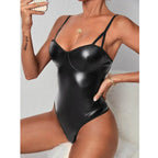Faux Leather Lace Stitched Backless Sexy Patent Leather Series Neck Underwear - DanaFashionstore