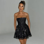 Tube Top Lace Dress With Back Bow-knot Summer Fashion Temperament Mesh Stitching Off-neck Short Skirt - DanaFashionstore