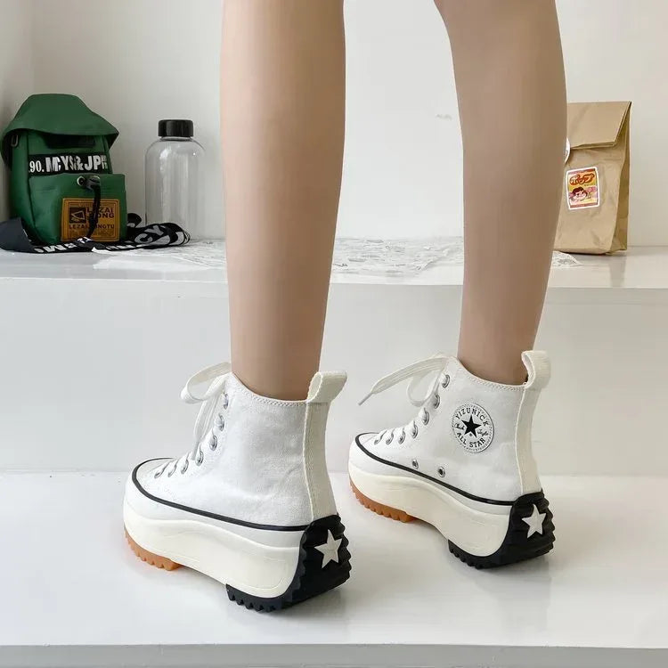 Large Size Women's High-top Canvas Shoes New Korean Style Sports Casual Shoes Versatile Platform Round Toe White Shoes - DanaFashionstore
