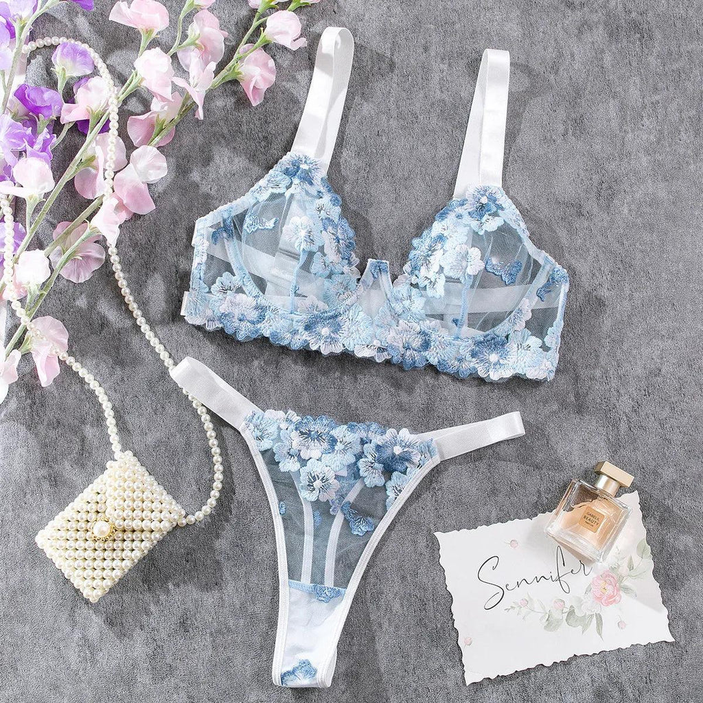 Blue Embroidered Bra Low-cut Sexy Lingerie With Steel Ring - DanaFashionstore