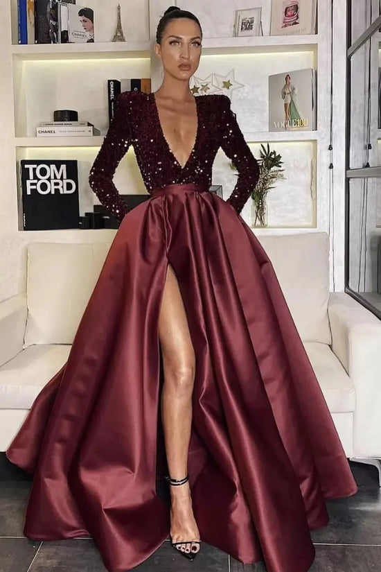 Women's Long Sleeve Sequin V-neck Sequins Evening Dress - DanaFashionstore