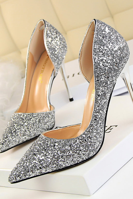 Skinny Women's Shoes Stiletto Heel Shallow Mouth Pointed Side Hollow-out Sequin