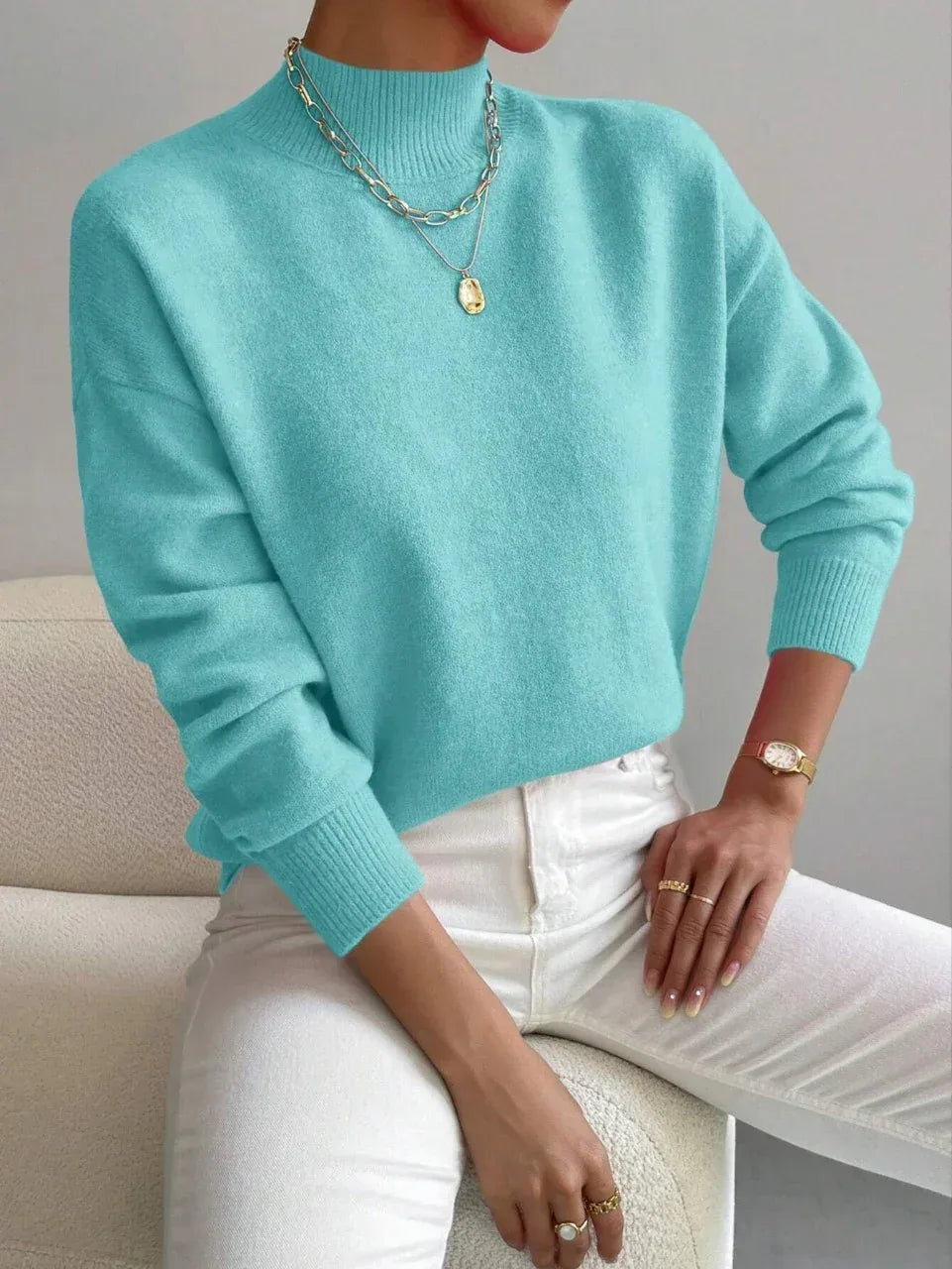 Women's Pullover Sweater Casual Solid Color Mid-high Neck Long-sleeved Knitted Tops Clothing - DanaFashionstore