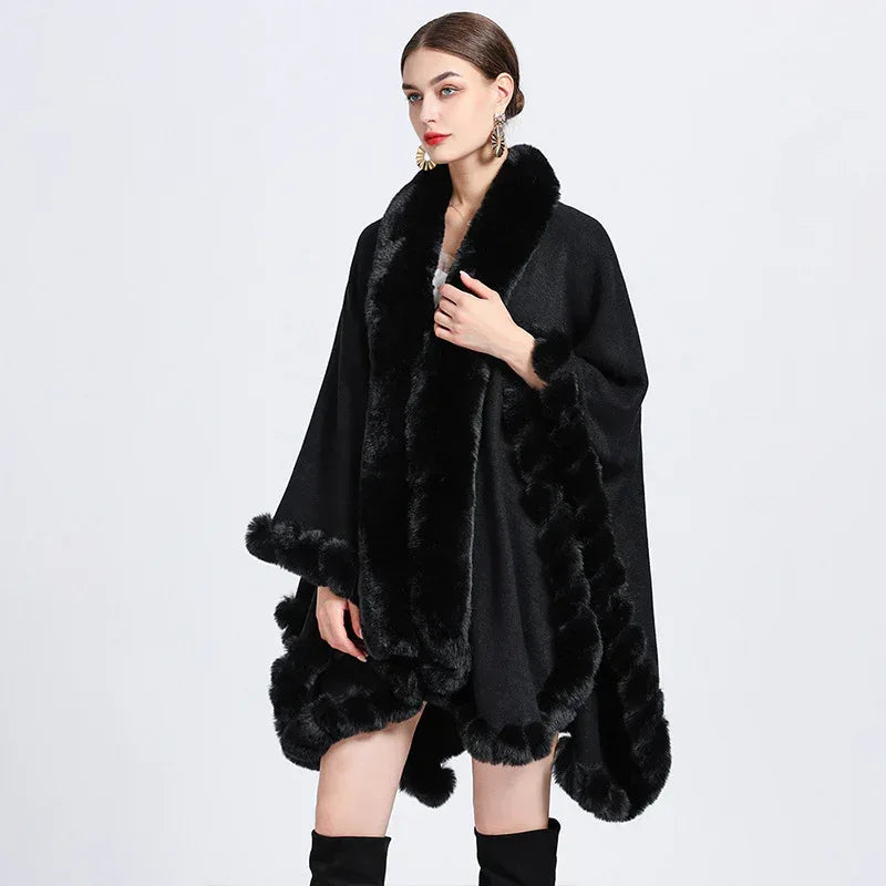 Rex Rabbit Fur Collar Shawl Irregular Oversized Knitted Cardigan Baggy Coat - DanaFashionstore