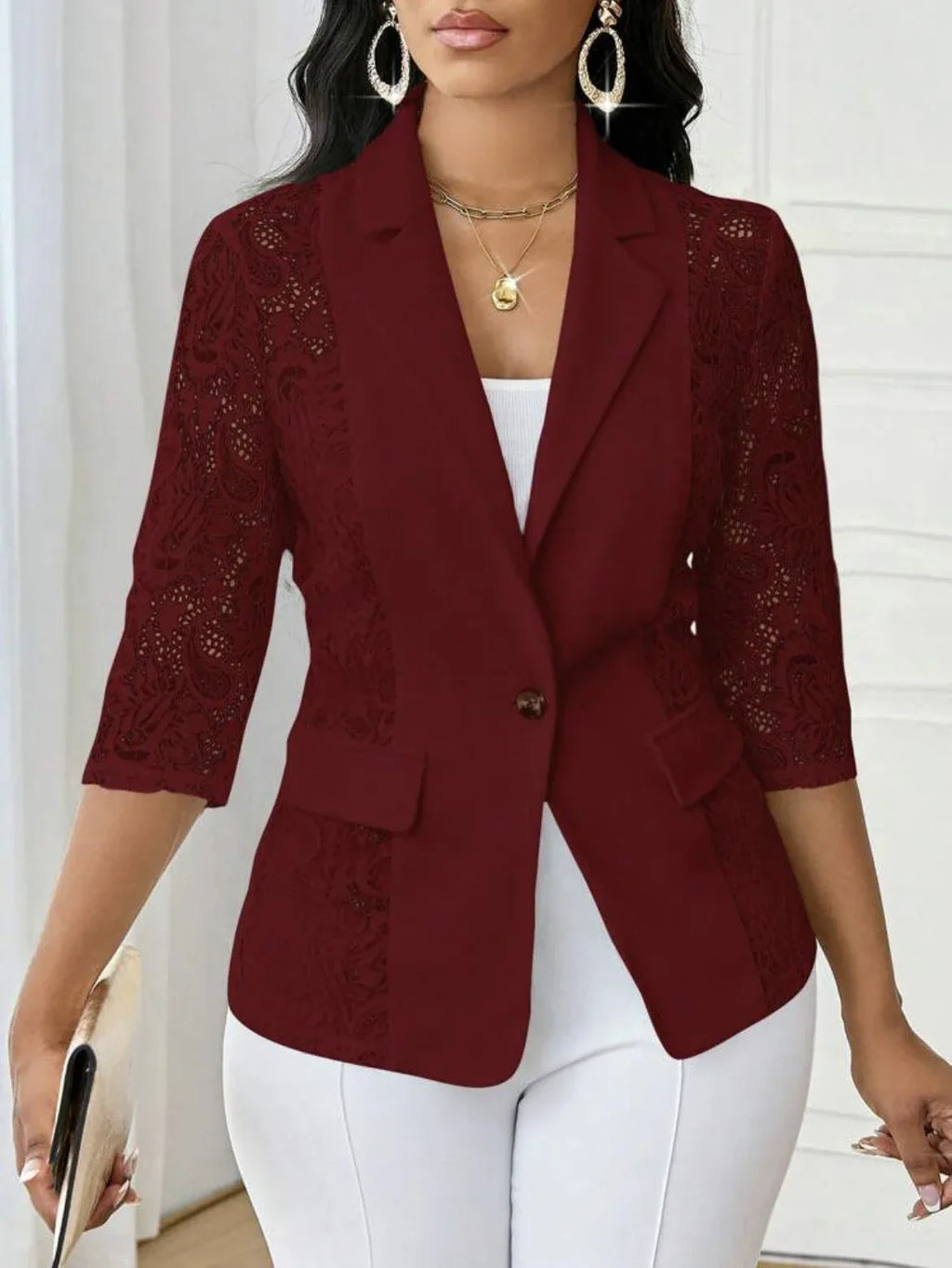 Womens Solid-Color Lace Hollowed-Out Three-Quarter-Sleeve Casual Jacket - DanaFashionstore